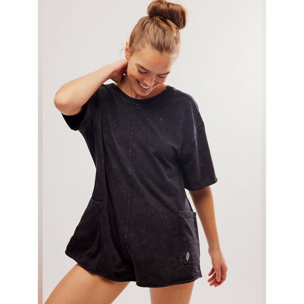 Free People FP Movement Hot Shot Tee Romper Washed Black OB1882045 Small